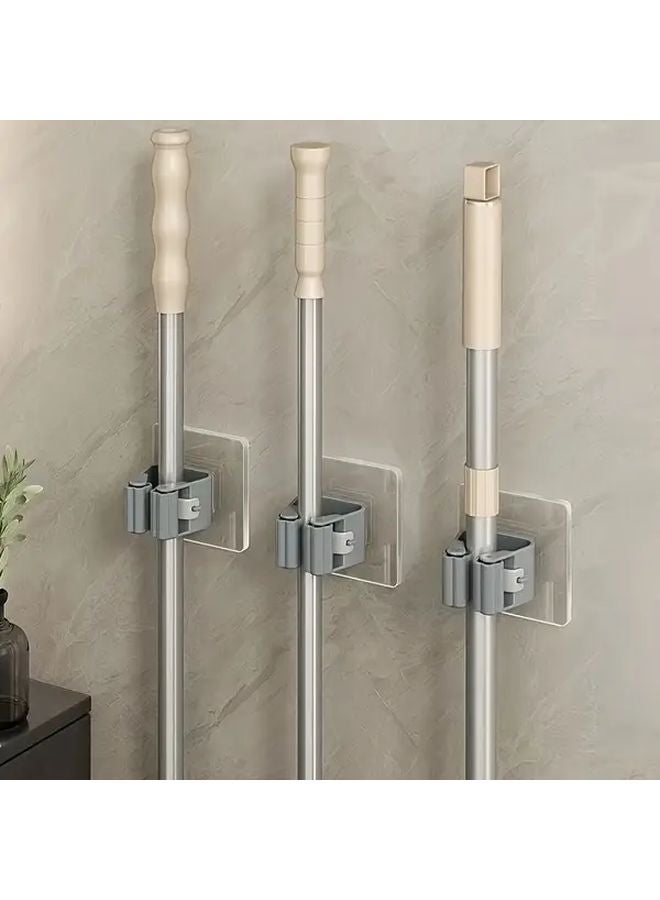 White Heavy Duty Wall Mounted Mop Broom Holder No Drilling Adhesive Space Saving - Image 2